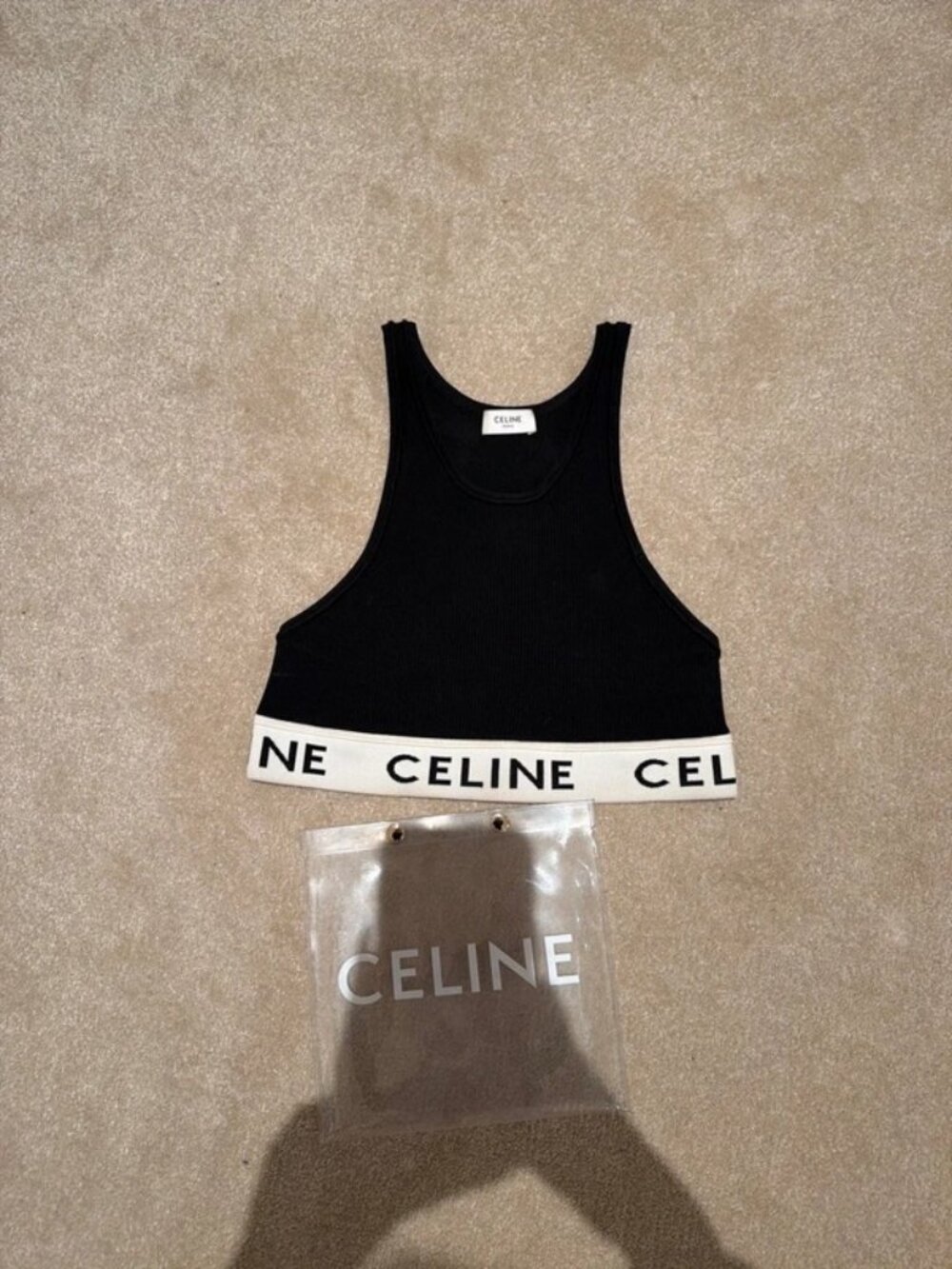Celine Black Ribbed Logo Tank Top